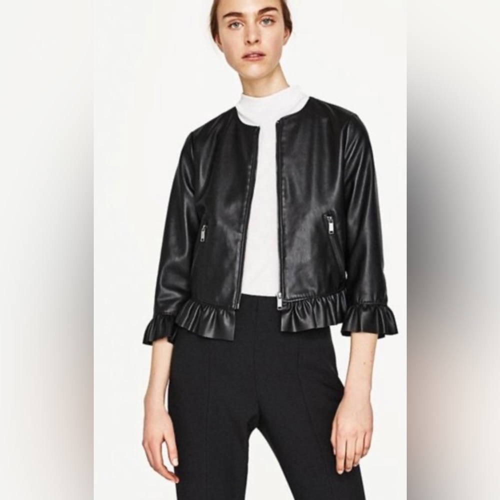 Zara Black Pleated Peplum Faux Leather Cropped Jacket